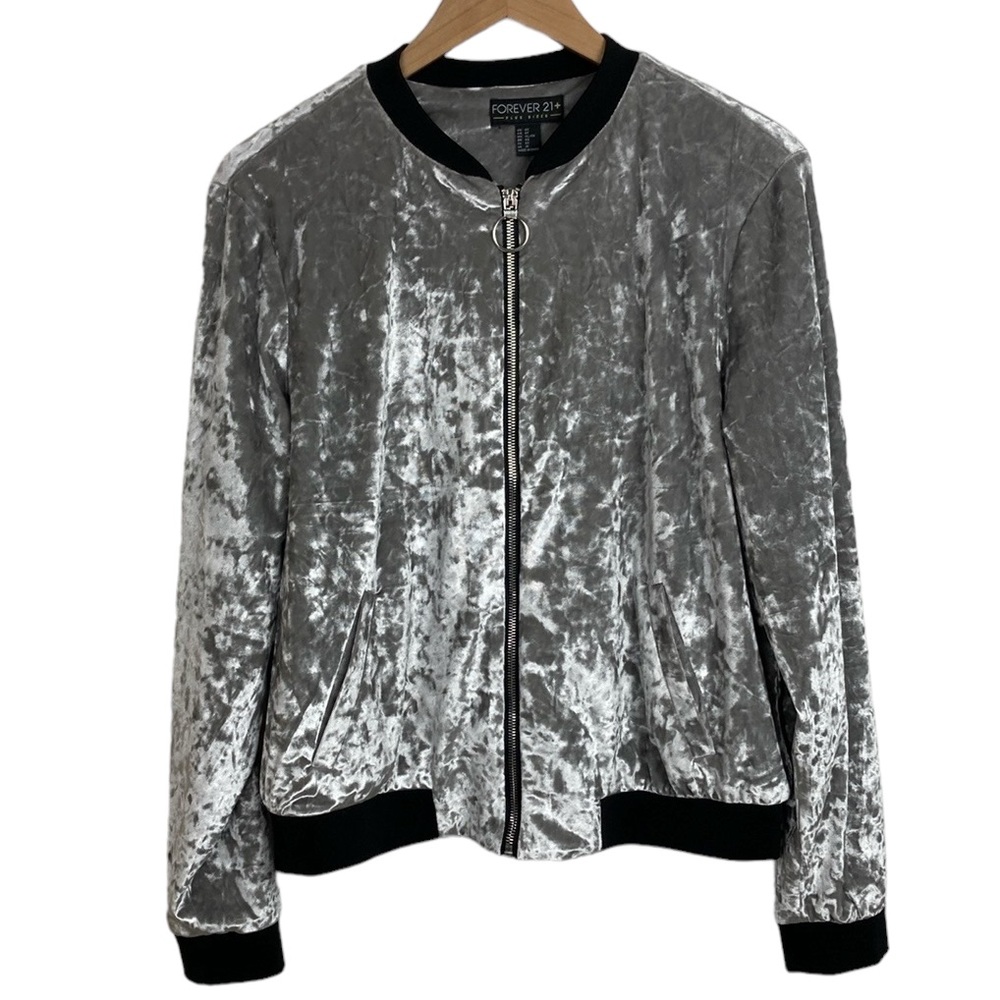 Forever 21 + Silver Gray Crushed Velvet Bomber Jacket